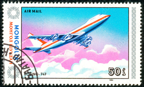 Ukraine - circa 2018: A postage stamp printed in Mongolia show aircraft Boeing 747. Series: Airplanes. Circa 1984.