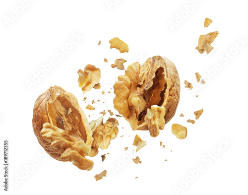 Walnut is torn to pieces on white background photo