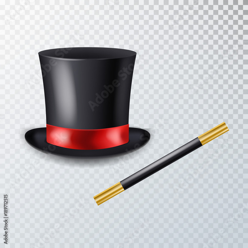 Realistic vector magic hat with magic wand.