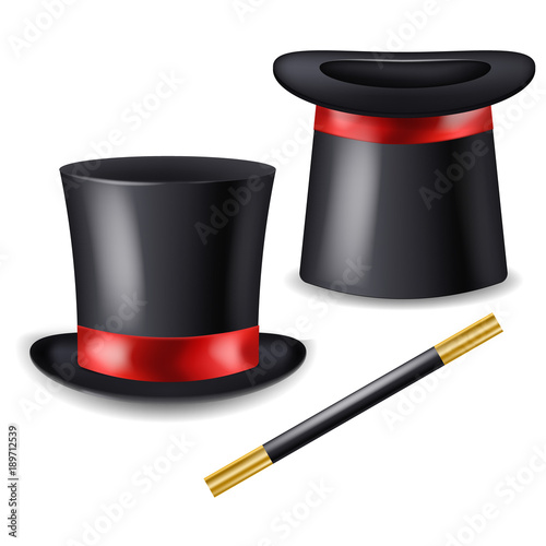 Realistic vector magic hat with magic wand.
