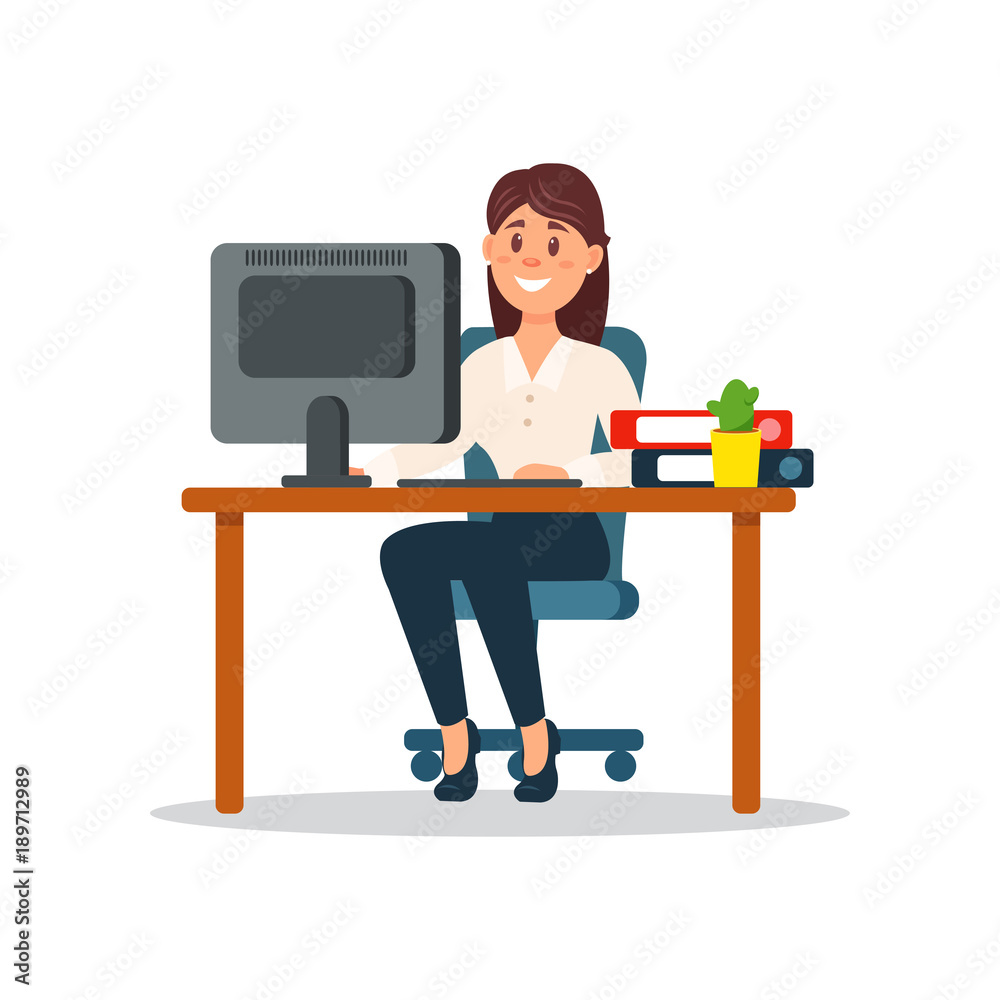 Smiling businesswoman sitting at the desk working with computer, business character working in office cartoon vector Illustration Smiling businesswoman sitting at the desk working with computer, business character working in office cartoon vector Illustration