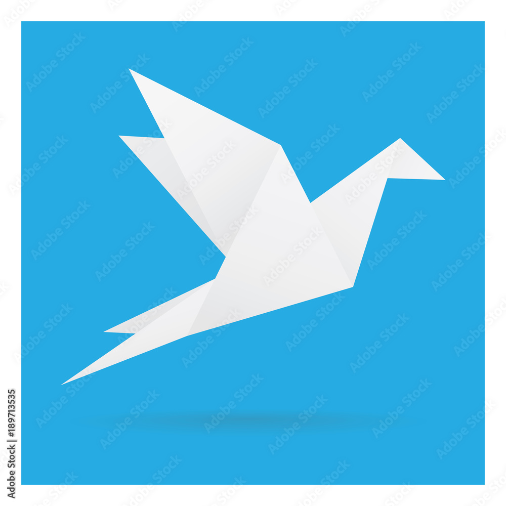 white bird paper craft flying in frame art isolated on blue background
