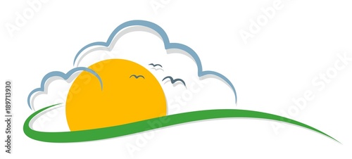 Sun with clouds and birds. 