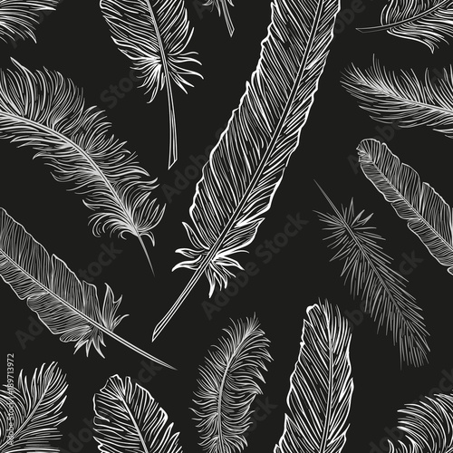 Black and white vector seamless feathers pattern