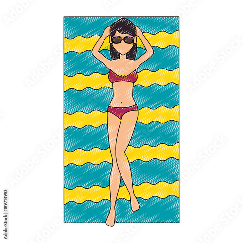 young woman tanning in towel character