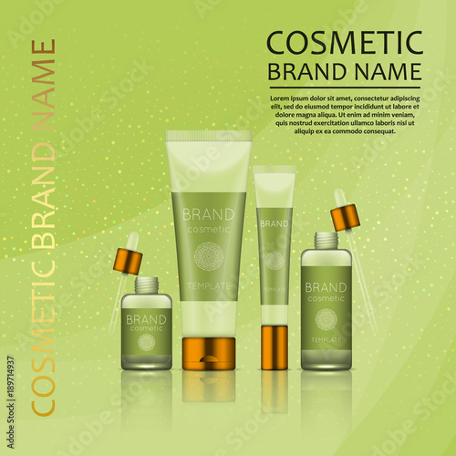 Vector 3D cosmetic illustration on a soft light waves background . Beauty realistic cosmetic product design template.
