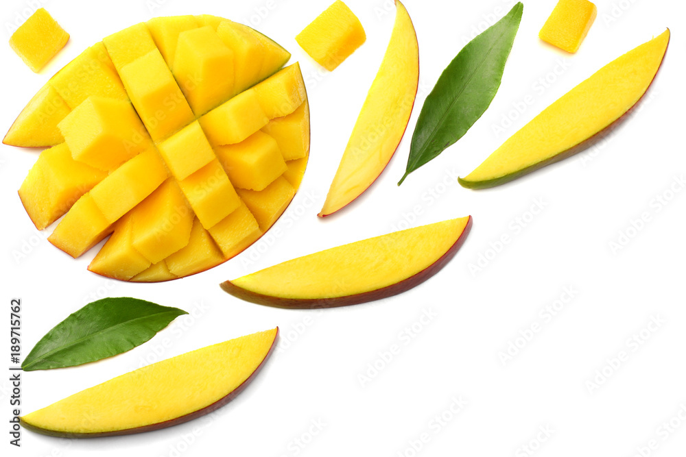 mango slice with green leaves isolated on white background. top view