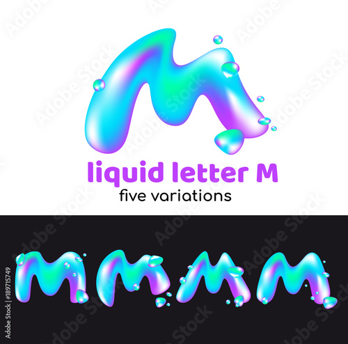 M letter is an aqua logo. Liquid volumetric letter with droplets and sprays for the corporate style of the company or brand on the letter M. Juicy, watery, holographic style.
