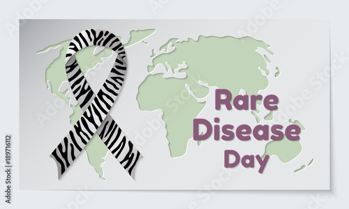 Rare Disease Day theme. Postcard or banner with a map cut out in paper, a zebra print ribbon and reminding an inscription. Vector illustration