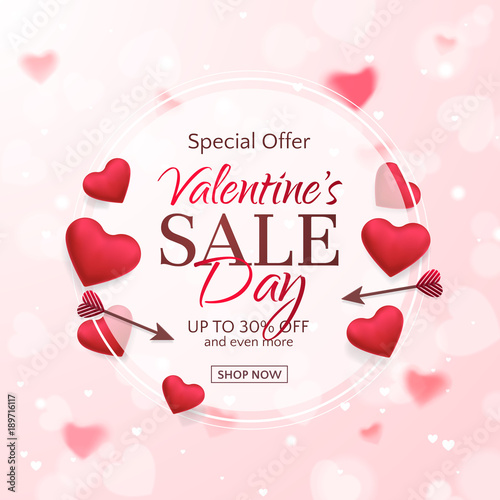 Vector template of sale banner for Valentine’s Day with red hearts and arrows. Holiday pink background for design of flyers with discount offers. With place for text.