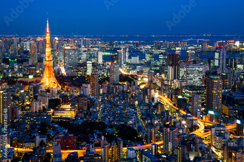 Asia Business concept for real estate   corporate construction - panoramic modern city skyline of Tokyo Tower and Tokyo Metropolitan Expressway junction with neon night in Roppongi Hill  Tokyo  Japan