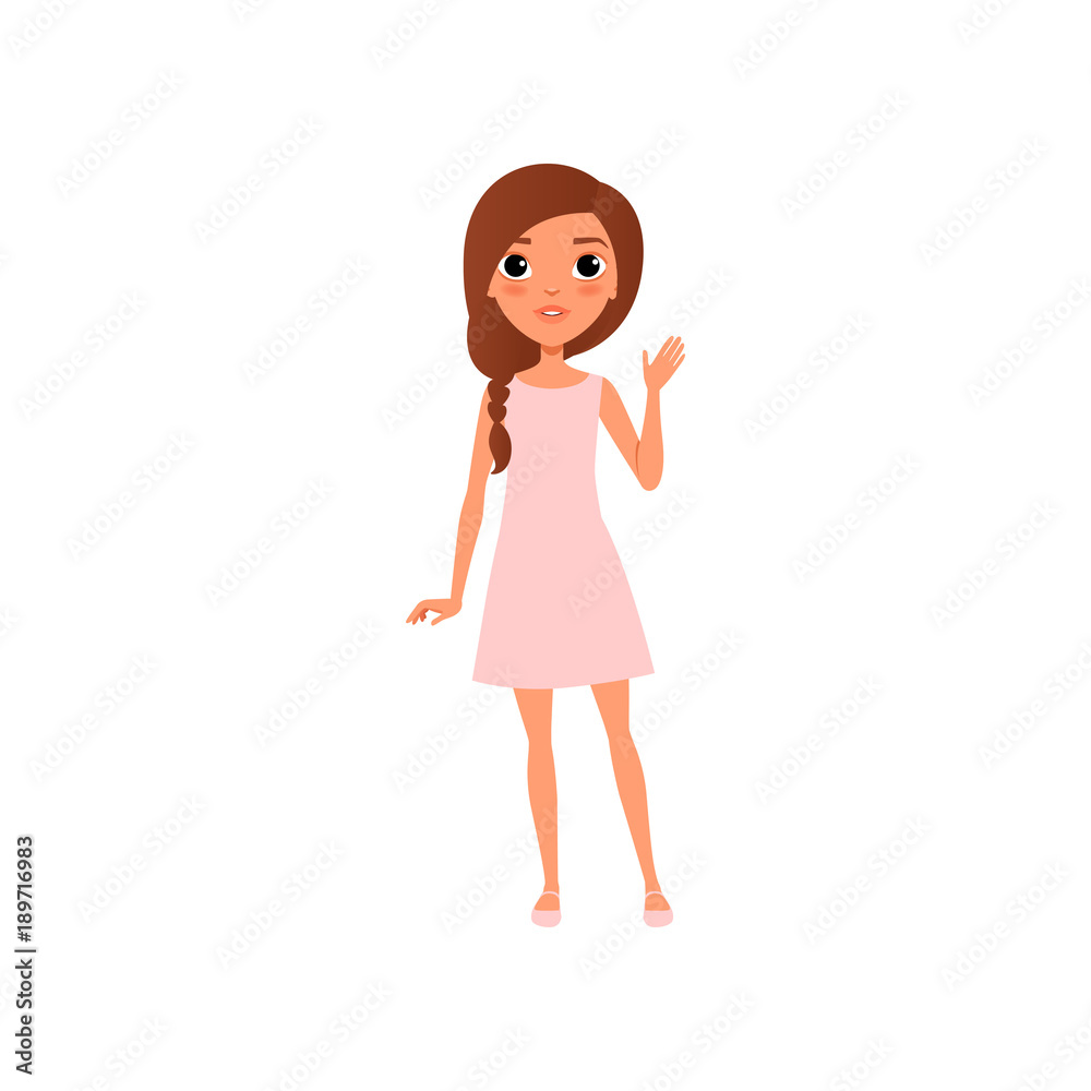 Beautiful young girl with brown hair wearing little pink dress and sandals.  Cartoon teenager character standing and waving by hand. Colorful flat  vector design Stock Vector | Adobe Stock