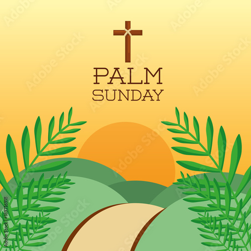 palm sunday cross hills sun branch card decoration vector illustration