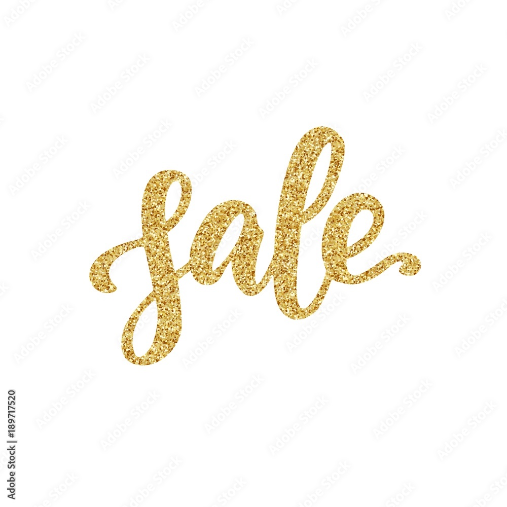 Sale hand lettering, with gold glitter texture effect, isolated on white background. Vector illustration. Can be used for merchandise or season advertising. Sale hand lettering, with gold glitter texture effect, isolated on white background. Vector illustration. Can be used for merchandise or season advertising.