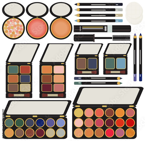 Collection set of cosmetics for makeup. Blush, powder, lip, shadows, pallets, mascara, makeup brushes. Beaut, glamour, fashion, spa salon, beauty salon, care of beauty, youth.