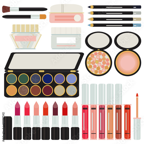 Collection set of cosmetics for makeup. Blush, powder, lip, shadows, pallets, mascara, makeup brushes. Beaut, glamour, fashion, spa salon, beauty salon, care of beauty, youth.