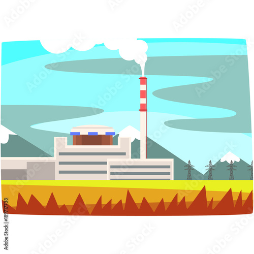 Fossil fuel power station, electricity generation plant horizontal vector illustration