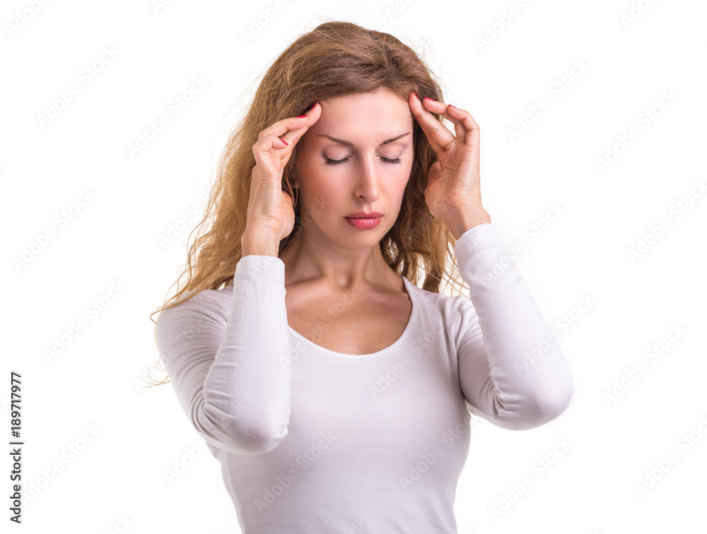 Headache, Pain or healthy concept : Caucasian woman using her hand and pressing or touching on her head in headache situation isolated on white Headache, Pain or healthy concept : Caucasian woman using her hand and pressing or touching on her head in headache situation isolated on white