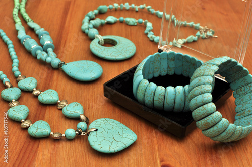 Turquoise Stone Bangle and Necklace in the jewelry box. Natural Stones