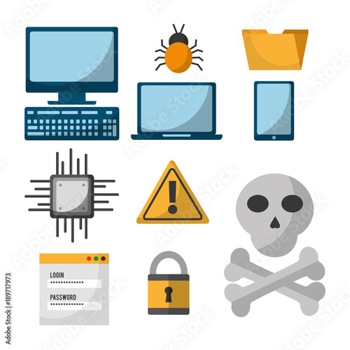 set of spectre and meltdown cyber crime virus digital protection attack icons vector illustration