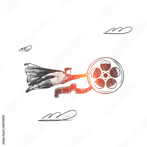 Cinema concept. Hand drawn superhero with big film reel in his hand. Flying hero holds film spool isolated vector illustration.
