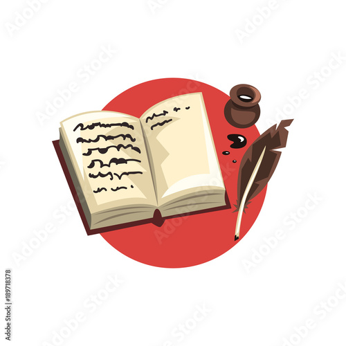 Symbols of the writer profession, vintage quill, ink and book cartoon vector Illustration