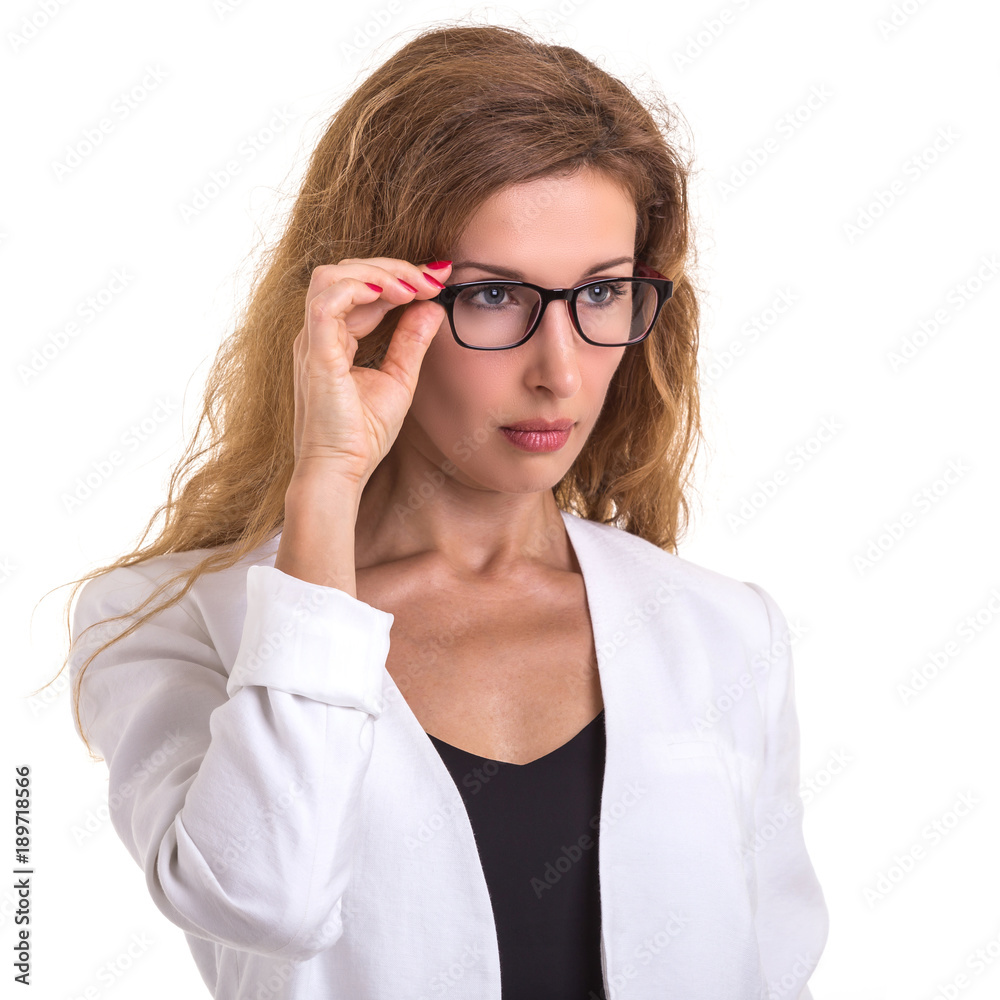 Beautiful caucasian woman wear glasses and white shirt. Studio shot isolated on white