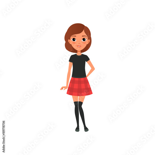 Beautiful brunette girl in stylish outfit black t-shirt, knee socks and red plaid mini skirt. Cartoon teenager character with big shiny eyes. Flat vector design