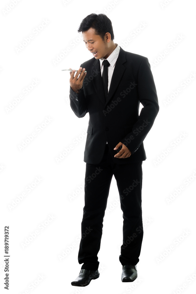 Portrait of a business man with smart phone. Isolated on white background Portrait of a business man with smart phone. Isolated on white background