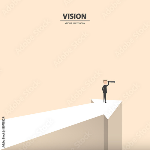 A businessman with monocular looking forward on the progressive arrow. Business concept of leadership, vision, mission or ambitions. Vector illustration.