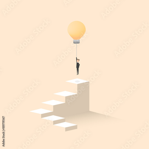 Think outside business concept, businessman having unique creative idea for solution. Businessman flying with light bulb. Vector illustration.