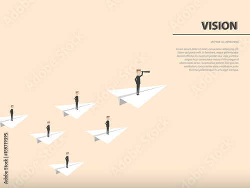 Businessman with monocular on a paper rocket. Business concept of leadership, vision, mission or ambitions. Vector illustration.