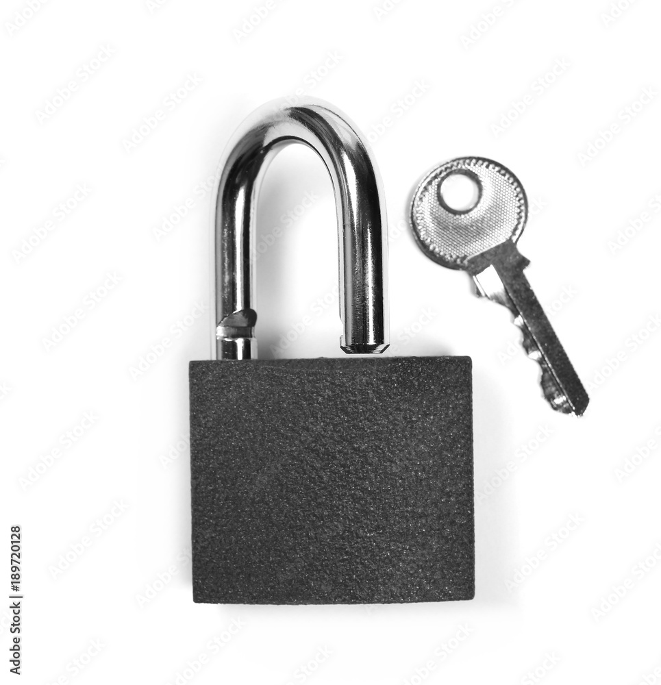 Padlock with key, isolated on white background, top view Padlock with key, isolated on white background, top view