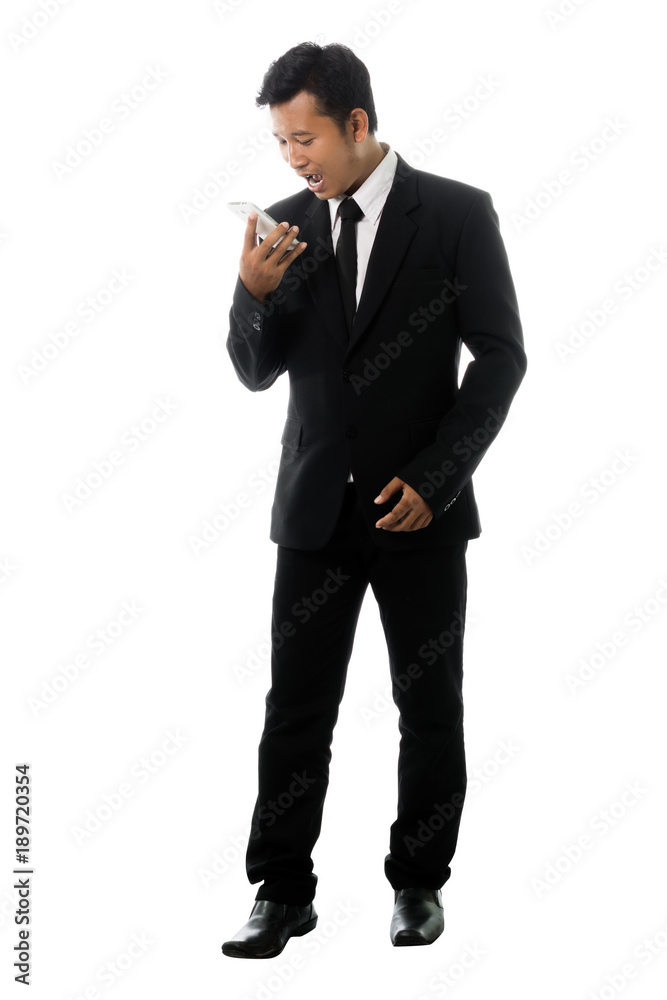 Portrait of a business man with smart phone. Isolated on white background Portrait of a business man with smart phone. Isolated on white background