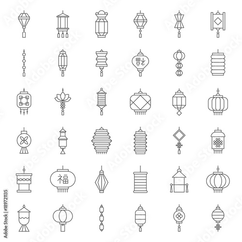 Chinese lantern in various style for lunar new year with element and Chinese alphabet meaning luck, outline icon, pixel perfect