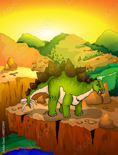 Cute cartoon stegosaur with landscape background. Vector illustration of a cartoon dinosaur.