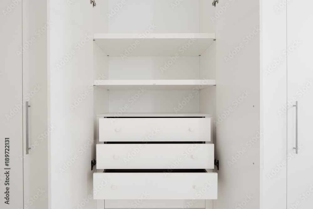 Open wardrobe, detail of the cabinet drawers Open wardrobe, detail of the cabinet drawers
