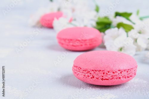 Pink and purple macaroons on a gray table surrounded by pink and white flowers. photo