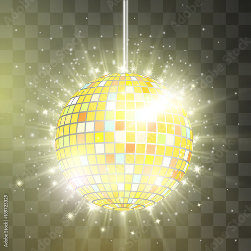 Retro golden disco ball vector, shining club symbol of having fun, dancing, dj mixing, nostalgic party, entertainment. Illustration on transparent background. Rays of light reflect in mirror surface.