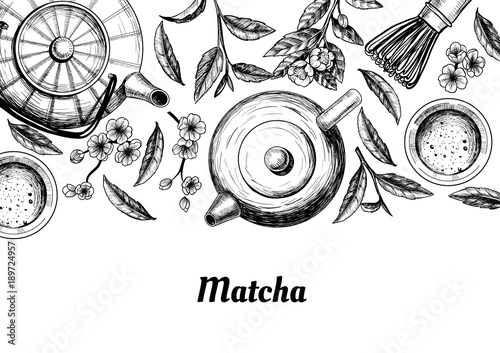 Vector frame with tea. Japanese tea ceremony. Matcha tea. Vintage style