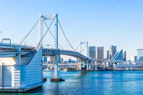 Asia Business concept for real estate and corporate construction - panoramic modern city skyline bird eye aerial view of Odaiba & rainbow bridge under bright sun and blue sky in Tokyo, Japan