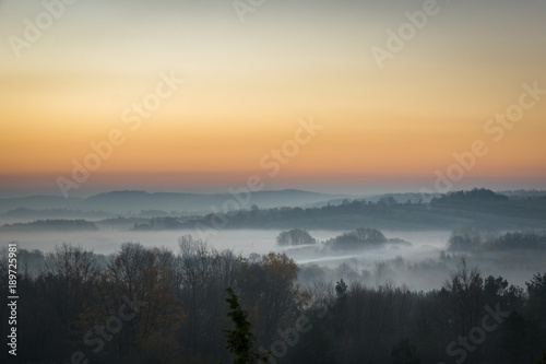 Foggy morning on the Jura Krakowsko-Czestochowska, Bobolice, Poland