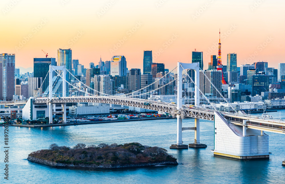 Asia Business concept for real estate and corporate construction - panoramic modern city skyline bird eye aerial view of Odaiba, tokyo tower & rainbow bridge under neon night in Tokyo, Japan