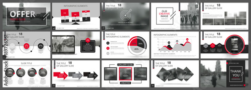 Abstract white, red presentation slides. Modern brochure cover design. Fancy info banner frame. Creative infographic elements set. Urban city font. Vector title sheet model. Ad flyer style template