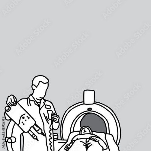 doctor preparing MRI scanner for patient with copyspace vector illustration sketch hand drawn with black lines, isolated on white background. Medical concept. photo
