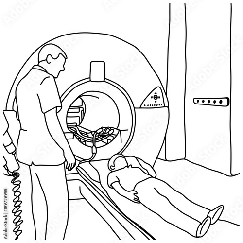 boy patient undergoing CT Scan in hospital with male specialist vector illustration sketch hand drawn with black lines, isolated on white background. Medical concept. photo