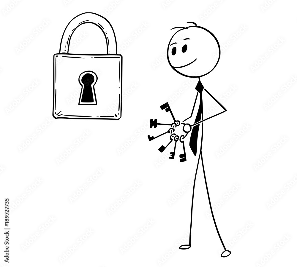 Cartoon stick man drawing conceptual illustration of businessman looking  for right key to padlock. Business concept of problem and solution. Stock  Vector | Adobe Stock