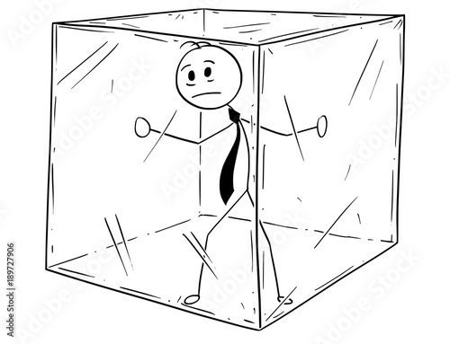 Cartoon stick man drawing conceptual illustration of businessman imprisoned inside glass bubble cube. Business concept of human isolation and limitation.