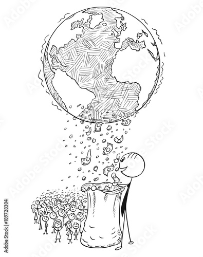 Cartoon stick man drawing conceptual illustration of uneven world global wealth income distribution between rich and poor. Concept of poverty and riches.