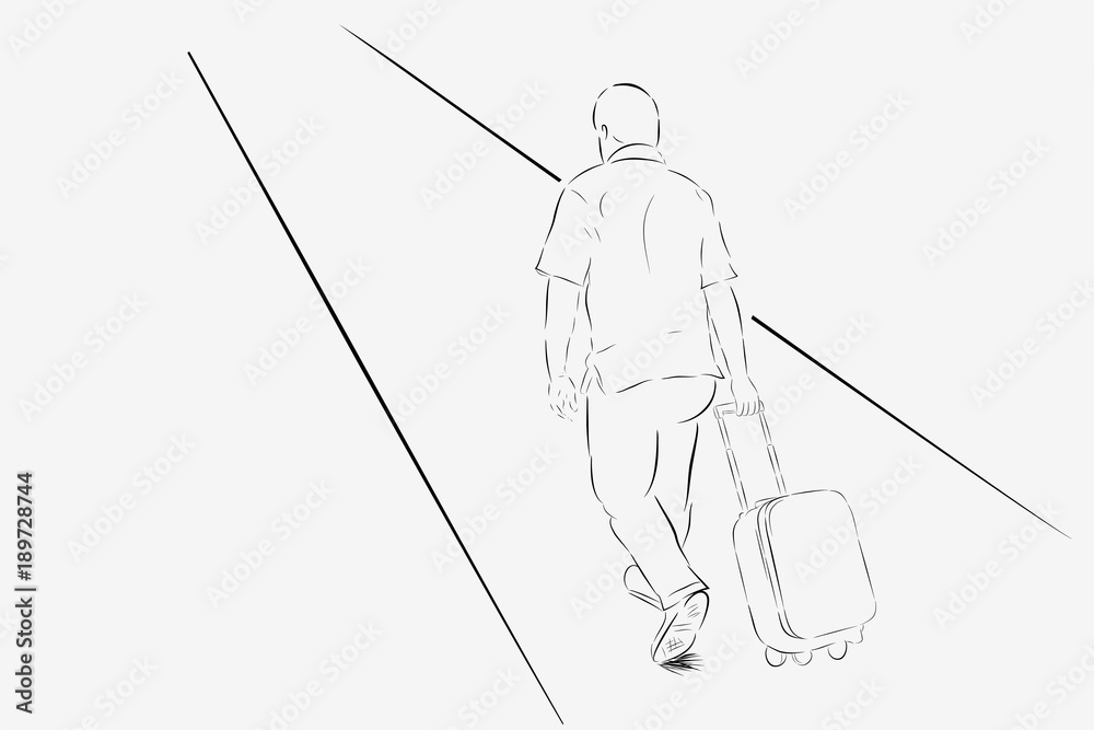 Obraz premium Simple Outline Sketch of Walking Traveler, view from Back